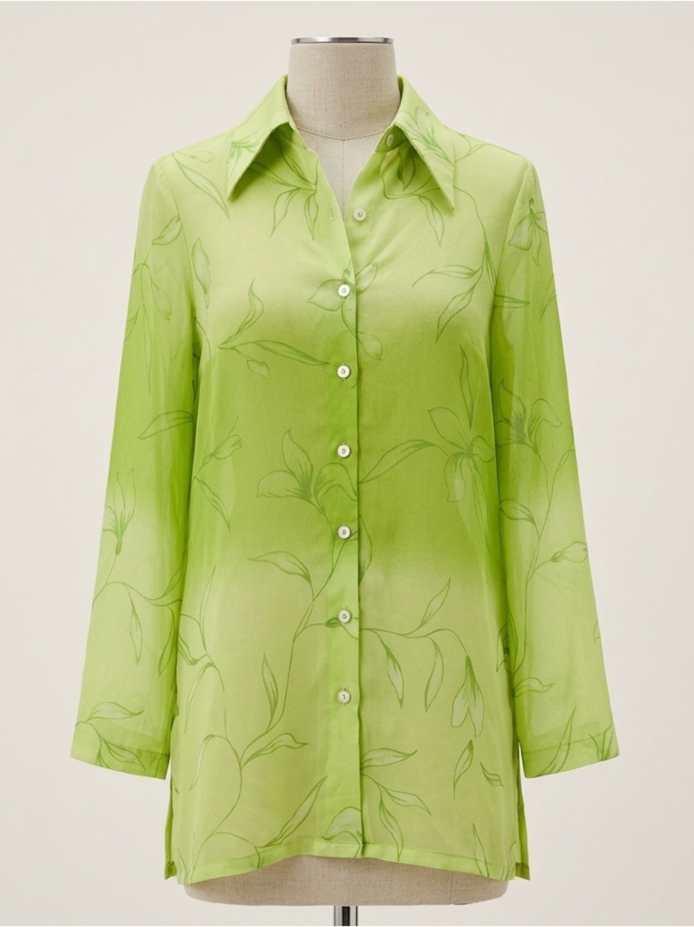 Zara Lime Green Sheer Leaf Print Button Down Y2K Resort Vacation Blouse Size M